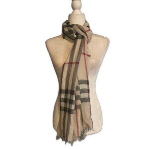 Burberry Authentic Plaid Silk Wool Ivory Black Red Scarf